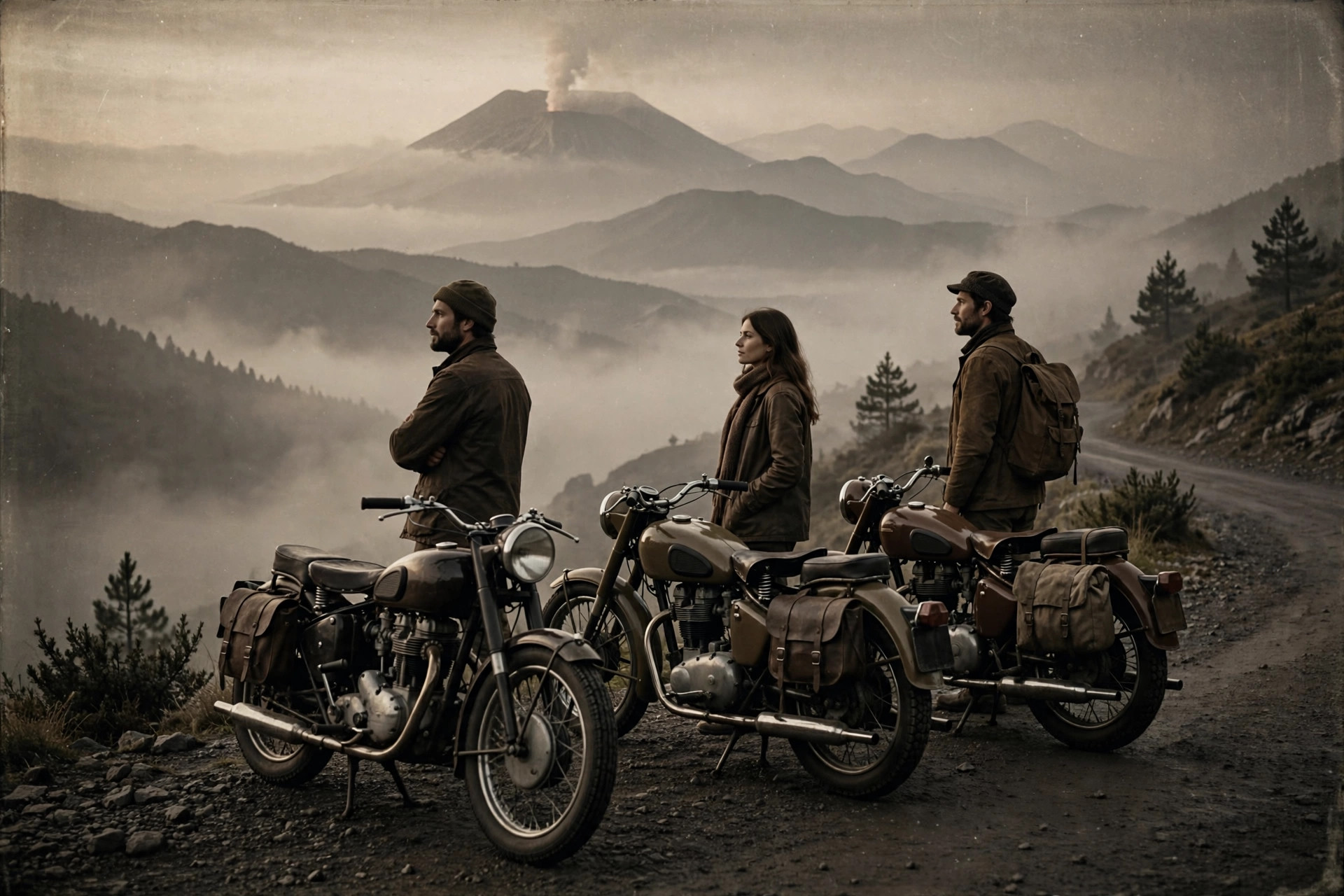 Touring motor klasik di pegunungan